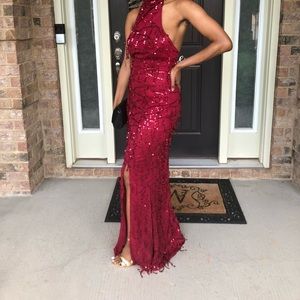 Deep red shingle sequence occasion dress